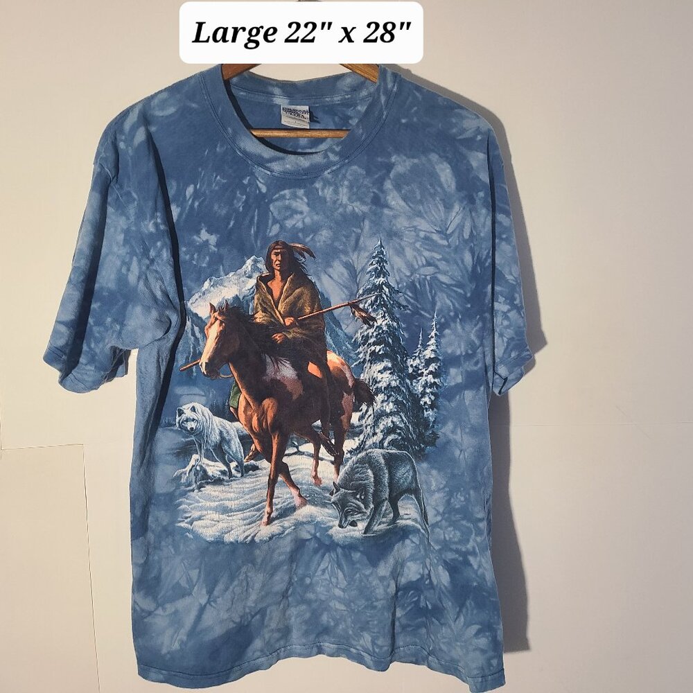 Vintage 90s Back To Earth Native American Wolves in Snow Blue Tie Dyed Large Tee